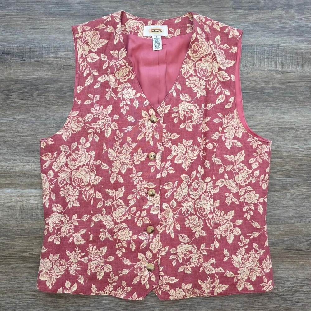 Vintage Talbots Floral Linen Blend Vest Waistcoat Red Pink 90s Cottagecore Small